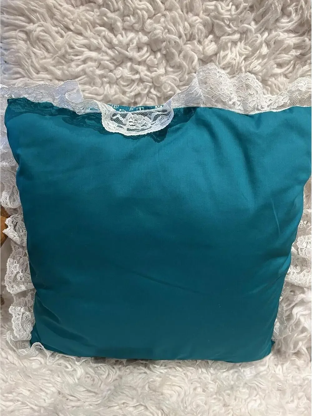 14x14” Tabby Kitty Cat 90s Colorblock Lace Edge Throw Pillow Teal Red Black